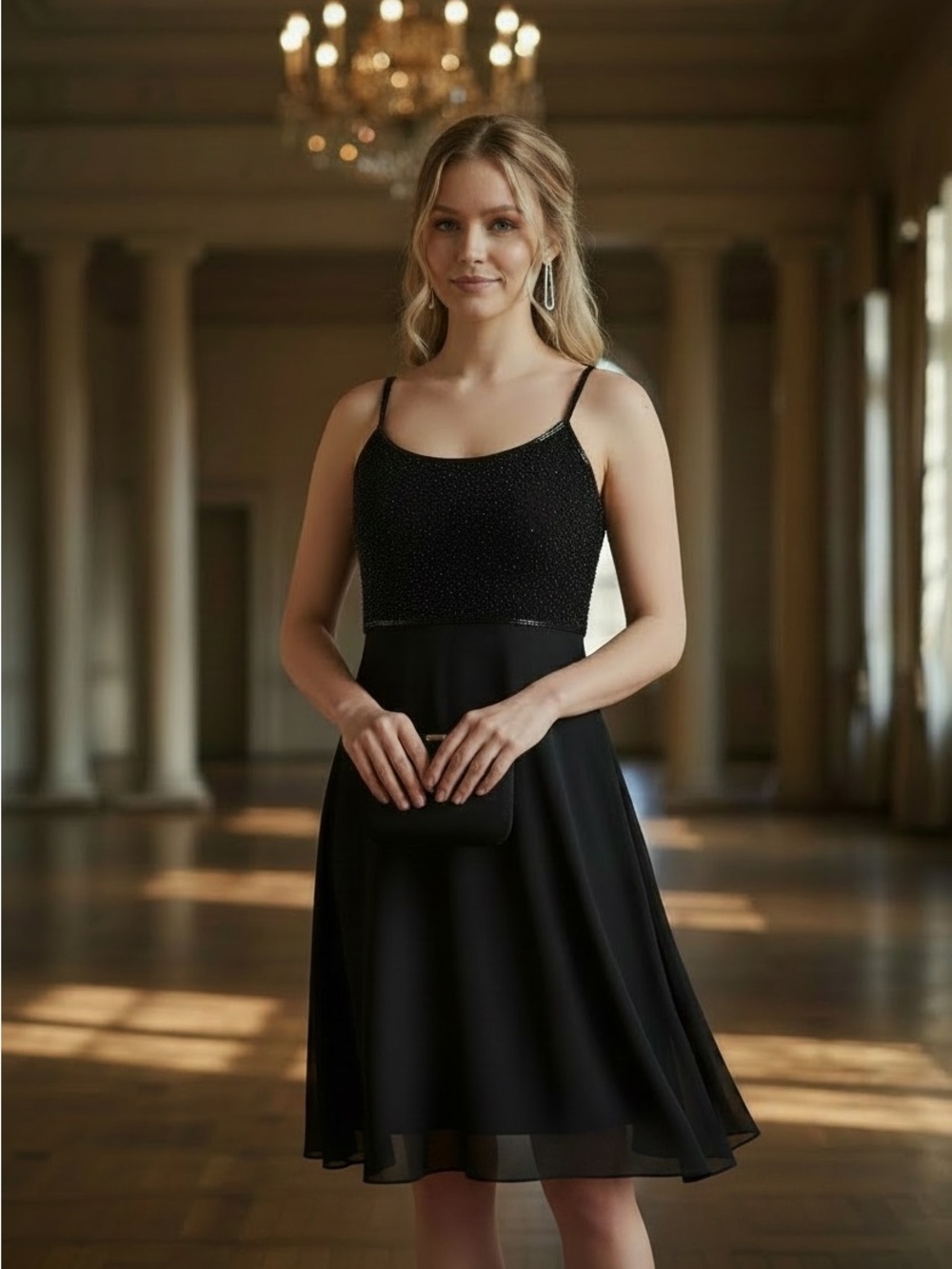 Cache Y2K Elegant Black Beaded 100% Silk Mini Dress